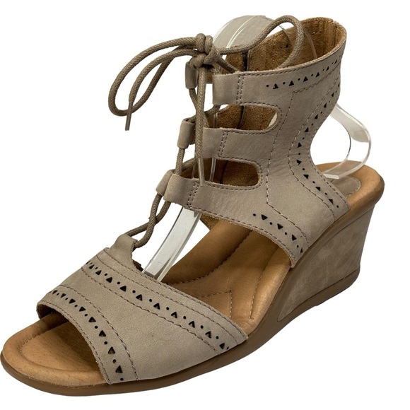 earth Taupe Beige Leather Suede Boho Open Toe Lace 2.5” Wedge Bootie Size 9.5 W - Picture 3 of 9